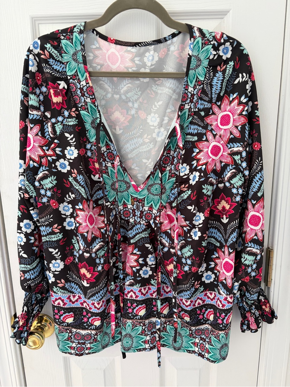 SHEIN Black Tunic Top with Pink & Teal Floral Print